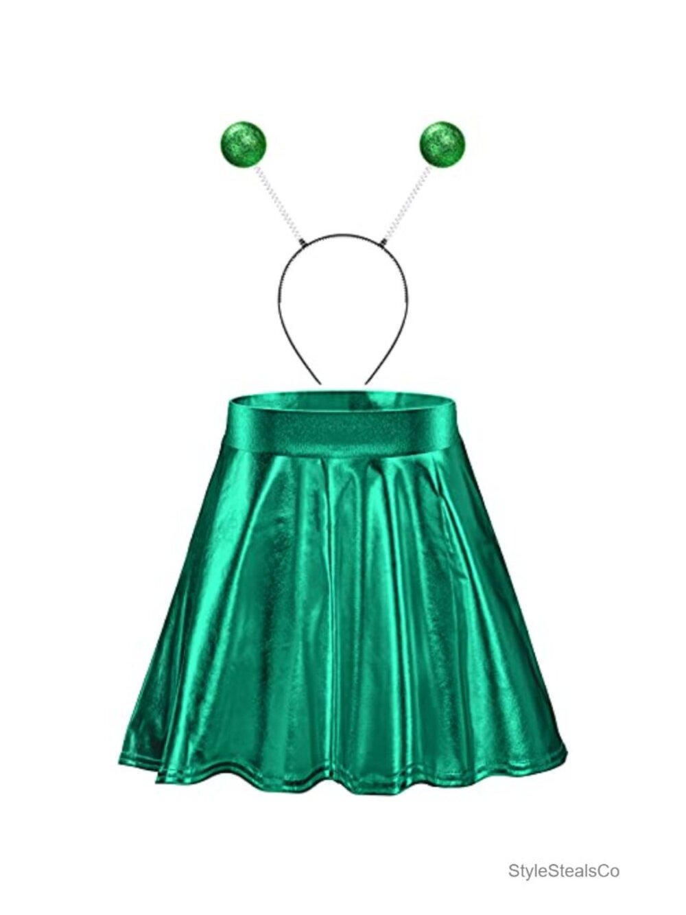 Halloween Alien Antenna Headband & Metallic Pleated Mini Skater Skirt Costume